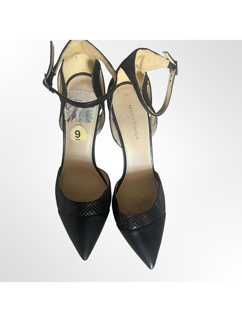 Marc Fisher Black Pointed-Toe Ankle-Strap Pumps with Texture - Picture 3 of 6